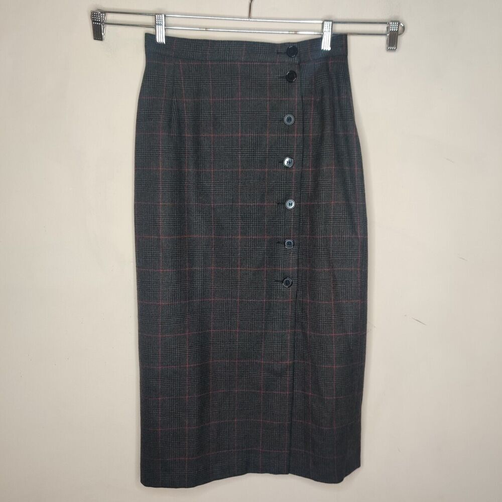 Chic Charcoal Plaid Midi Skirt with Button Accents